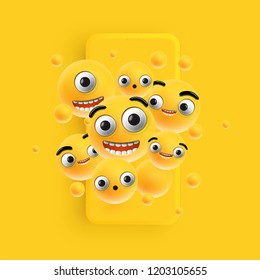 3D and different kinds of emoticons with matte smartphone, vector illustartion