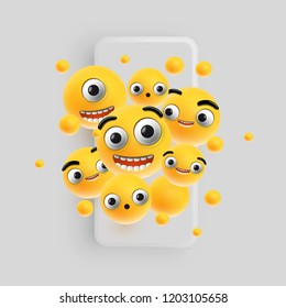 3D and different kinds of emoticons with matte smartphone, vector illustartion