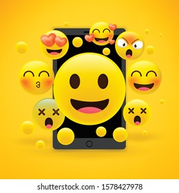 3D and different kinds of emoticons with matte smartphone. Cartoon emoji collection.