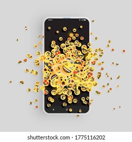 3D and different kinds of emoticons with matte smartphone, vector illustartion