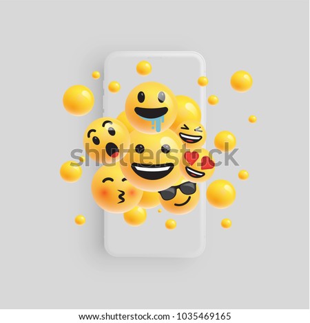 3D and different kinds of emoticons with matte smartphone, vector illustartion