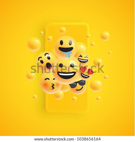 3D and different kinds of emoticons with matte smartphone, vector illustartion