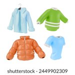 3d Different Male Clothes Set Cartoon Design Style Include of Down Jacket, Sweater and Shirt. Vector illustration