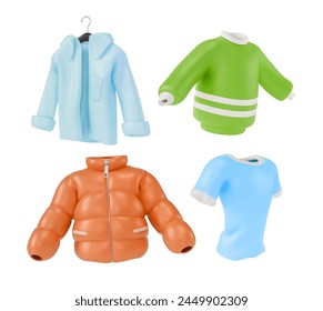 3d Different Male Clothes Set Cartoon Design Style Include of Down Jacket, Sweater and Shirt. Vector illustration