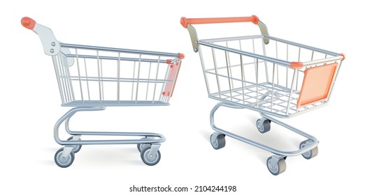 3d Different Metal Shopping Carts Set Plasticine Cartoon Style Isolated on a White Background. Vector illustration of Trolley Market