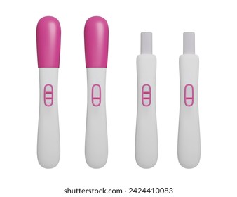 3D different pink pregnancy tests set isolated on white. Positive and negative pregnancy test kits cartoon style 3D render. Fertility ovulation tests, child birth pregnancy planning, female healthcare