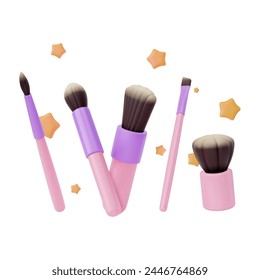 3d Different Professional Makeup Brushes Set Cartoon Design Style Isolated on a White Background Powder and Eye Shadow Brush. Vector illustration of Cosmetic Product Concept