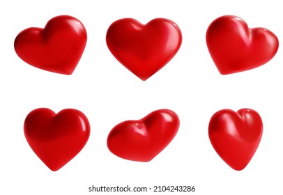 3d Different Red Valentine Hearts Set Plasticine Cartoon Style Symbol of Romance Holiday Celebration. Vector illustration