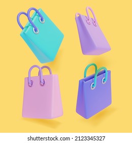 3d Different Shopping Bag Icon Set Plasticine Cartoon Style Sale Concept. Vector illustration of Color Bags