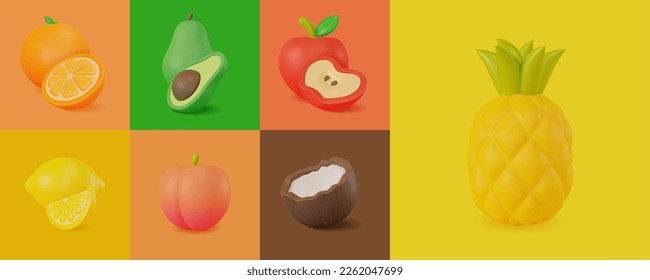 3d Different Sweet Fruits Set Plasticine Cartoon Style Include of Orange, Apple and Peach. Vector illustration