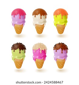 3d Different Tastes Waffle Cone with Scoops of Ice Cream Set Sweet Dessert Food Cartoon Style Isolated on a White Background. Vector illustration