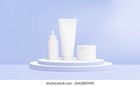 3d diferentes modelos de tubos cosméticos brancos no pedestal azul. Tubos de cuidados da pele cosméticos realistas no pódio azul