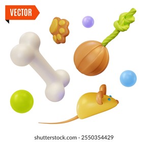 Juguetes 3d diferentes para animales domésticos Concepto de tienda de mascotas Estilo de diseño de dibujos animados. Ilustración vectorial de pelota de goma, hueso y ratón de juguete