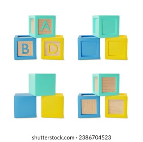 3d Diferentes Tipos ABC Bloque Set Estilo De Dibujo. Ilustración vectorial de bloques de juguetes infantiles con diseño de juego de cartas