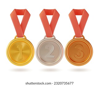 3d Different Types Medal Set Cartoon Style. Vector illustration of Gold, Silver and Bronze Sports Medals