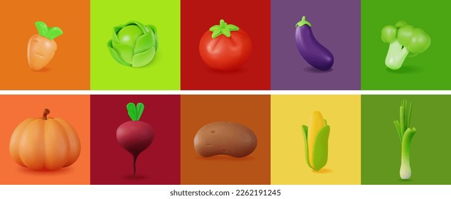 3d Different Vegetables Set Plasticine Cartoon Style Include of Tomato, Carrot, Eggplant and Cabbage. Vector illustration