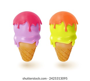 3d Different Waffle Cone with Scoops of Ice Cream Set Sweet Dessert Food Cartoon Style Isolated on a White Background. Vector illustration