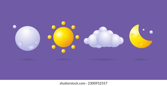 3d Different Weather Icons Set Cartoon Style Include of Cloud, Sun and Crescent Moon. Vector illustration