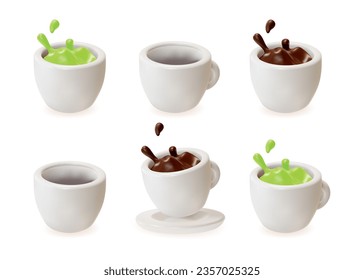 3d Different White Cup with Hot Coffee or Matcha Latte Splash. Vector illustration of Falling Ceramic Mug Empty