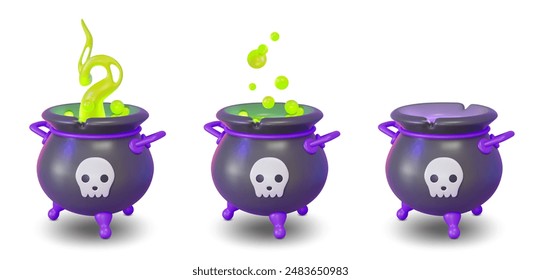 3d Different Witch Cauldron Set Empty and Full View Halloween Concept Cartoon Design Style. Vector illustration