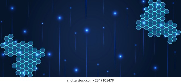 3d Digital background with shining hexagon and particle on blue backdrop. Internet security and AI system concept. Vector illustration with trendy Futuristic geometric background.