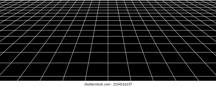 3D Digital Black And White One Point Perspective Grid Wireframe. Empty Geometric Cyberspace Studio Floor Background. Virtual Three Dimension Scene. Easy Guide Architecture Template