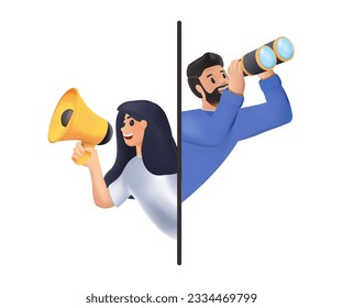 3D Concepto de negocio digital. Hombres y mujeres juntos, sosteniendo altavoces binoculares y megáfonos y buscando nuevas oportunidades. Ilustración del vector 3D