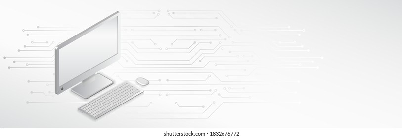 3d Digital Desktop computer templates. Mockup Personal Computer on the gray technology background. Isometric computer vector illustration.