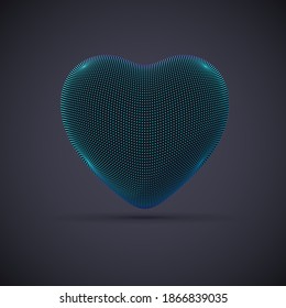 3D digital futuristic blue heart on gray background. Abstract vector illustration of online dating and virtual love. Concept of digital technology in medicine. Greeting postcard for Valentines Day.