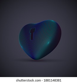 3D digital futuristic blue heart with keyhole on gray background. Abstract concept of online dating and virtual love. EPS 10, vector illustration.