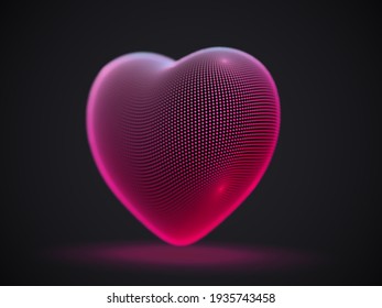 3D digital futuristic pink heart on gray background. Abstract vector illustration of online dating and virtual love. Concept of social media: digital heart icon. Greeting postcard for Valentines Day.
