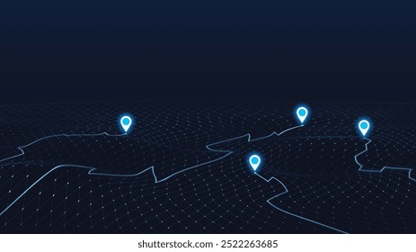 Gráfico digital 3D da paisagem urbana com pinos de localização em terreno escuro e montanhoso. Plano de fundo ondulado conceito com partículas pontos. Ilustração vetorial