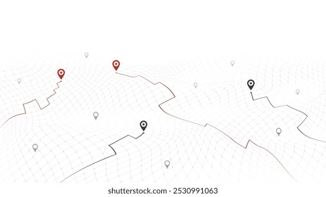 Gráfico digital 3D da paisagem urbana com pinos de localização em terreno escuro e montanhoso. Plano de fundo ondulado conceito com partículas pontos. Ilustração vetorial