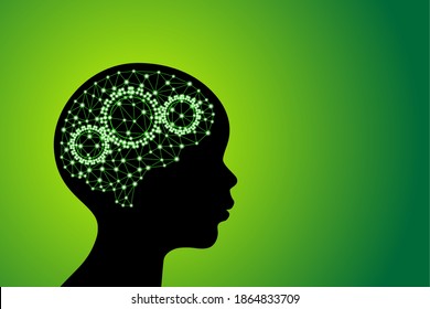 3d digital green glowing particles line and dot polygonal plexus children's brain with gears, go green and zero waste concept, scientific technology stock vector illustration clip art with copy space