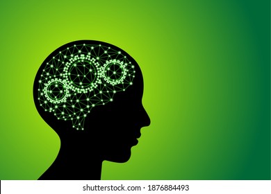 3d digital green glowing particles lines and dots polygonal plexus human brain with gears, go green and zero waste concept, scientific technology stock vector illustration clip art with copy space