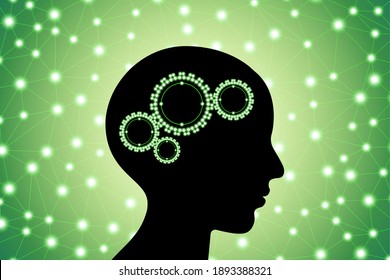 3d digital green glowing particles lines and dots polygonal plexus human brain with gears, go green and zero waste concept, scientific technology stock vector illustration clip art with copy space