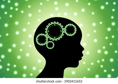 3d digital green glowing particles line and dot polygonal plexus children's brain with cogwheel gears, go green and zero waste concept, scientific technology stock vector illustration clipart