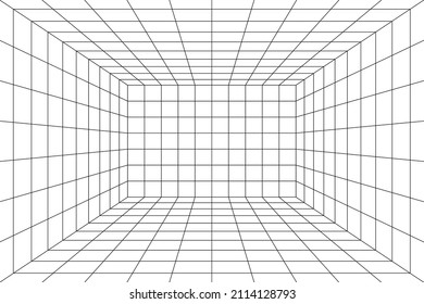 3d cuadrícula digital del espacio de habitación con una perspectiva de punto. Fondo blanco vacío geométrico del estudio del ciberespacio. Escena virtual de tres dimensiones. Plantilla de arquitectura de guía fácil