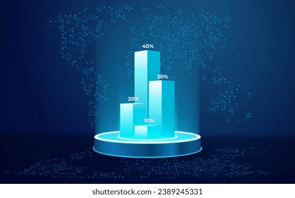 Holograma de barra de la gráfica de crecimiento digital 3D con porcentaje en el podio azul claro neón sobre tecnología de fondo oscuro con mapa del mundo abstracto. Gráfico gráfico de finanzas. Concepto de mercado de valores. Ilustración vectorial.