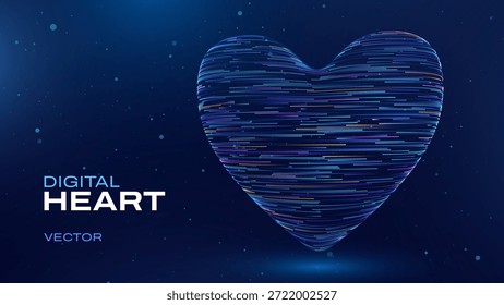 Coração Digital 3D Formado A Partir De Partículas De Luz Brilhante Com Trilhas Fluindo. A tecnologia do Dia dos Namorados inspirou o conceito de faixa. Símbolo De Coração De Poli Baixo Wireframe Com Uma Estética Tecnológica Futurista. Moderna ilustração digital do vetor de amor.