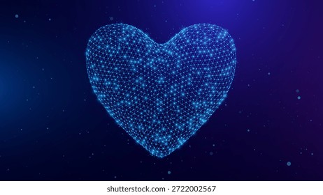 Corazón Digital 3D Formado A Partículas De Luz Brillante Con Senderos Fluidos. Concepto de Anuncio inspirado en la Tecnología de San Valentín. Símbolo De Corazón De Bajo Poli De Estructura De Alambre Con Una Estética De Tecnología Futurista. Moderna Ilustración vectorial de Amor Digital.