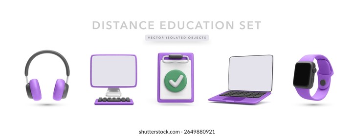 3D Digital Learning Kit With Headphones, Desktop Monitor, Checklist, Laptop, And Smartwatch. Ideal For Online Classes, Remote Work, And Study Apps. Clean Style Vector Illustration.