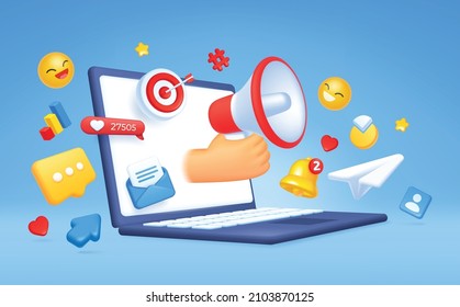 3d digital marketing, social media and online communication concept. Targeted advertising, internet business promotion vector illustration. Laptop with networking site icons as megaphone, notification