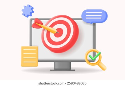 3d Digital marketing target concept with a bullseye, computer screen, SEO icons, and analytics. PPC, conversion optimization, business strategy, and online advertising visuals. vector illustration