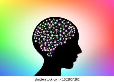 3d digital neuro glowing multicolored colorful particles lines and dots plexus structure human brain on adult people head silhouette, stock vector illustration design element on rainbow background