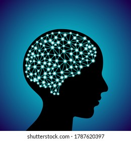 3d neuro digital líneas de partículas brillantes y puntos estructura de plexo cerebro humano sobre personas adultas cabeza silueta negra, elemento de diseño de ilustración de vector de stock sobre fondo de gradiente azul