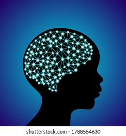 3d digital neuro glowing particles lines and dots plexus structure human brain on child head black silhouette, stock vector illustration design element on blue gradient background