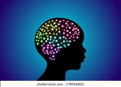 3d digital neuro multicolored colorful glowing particles lines and dots plexus structure human brain on child head black silhouette, stock vector illustration on blue gradient background