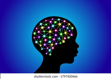 3d Digital Neuro Multicolored Colorful Glowing Particles Lines And Dots Plexus Structure Human Brain On Child Head Black Silhouette, Stock Vector Illustration Clip Art On Blue Gradient Background