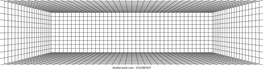 3D Digital One Point Perspective Grid Room. Black Mesh On White Background. Empty Indoor Studio Frame Blueprint. Virtual Three Dimension Scene. Easy Guide Vector Architecture Template